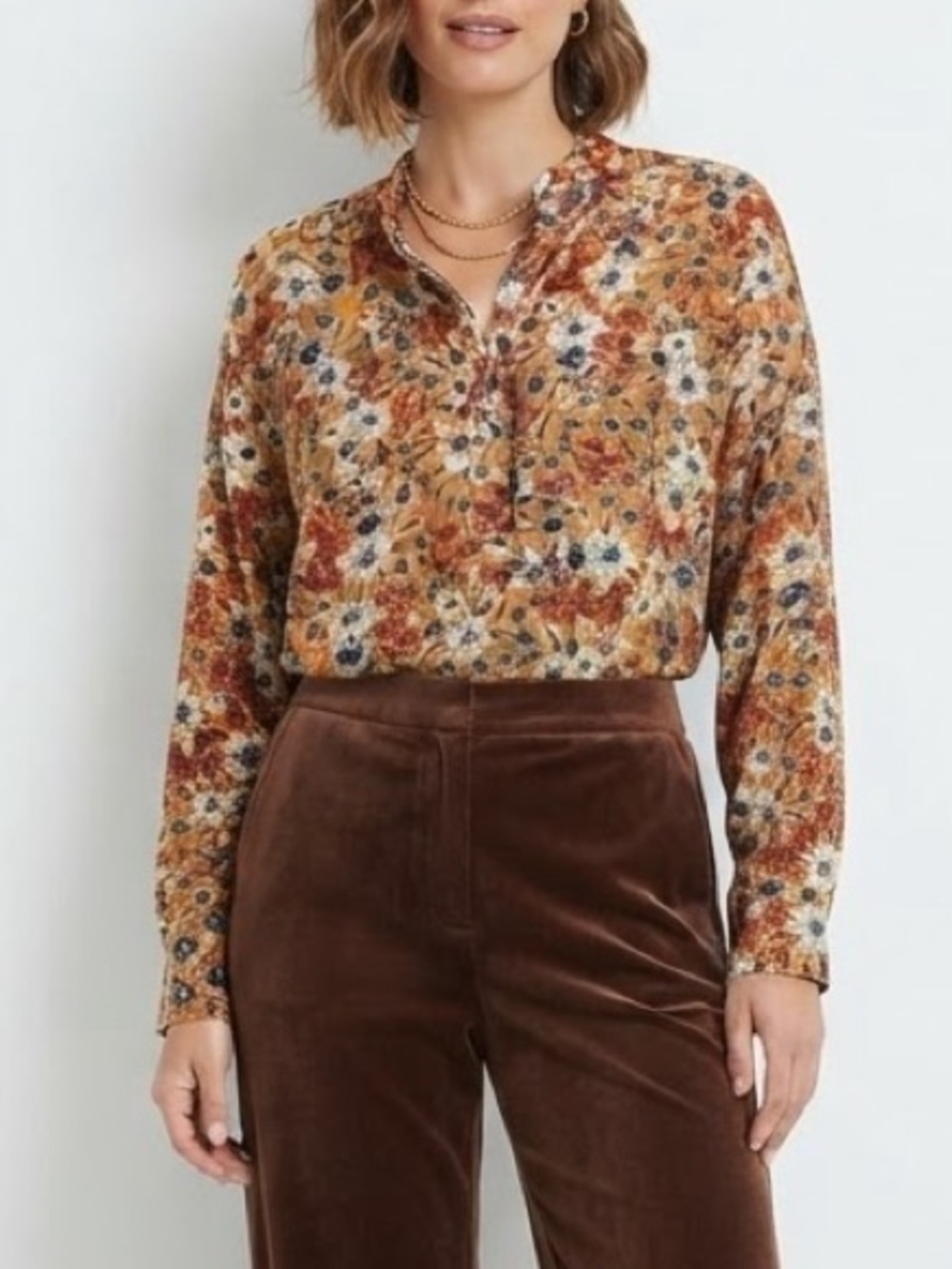 Time and Tru Floral Button-Down Blouse Orange Blue Size Large